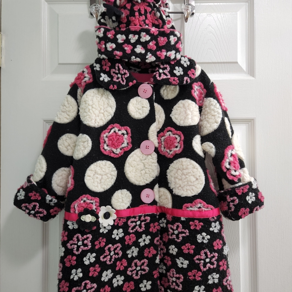 Corky & Company Little Girls' Pink and Black Floral Coat and Hat Ensemble